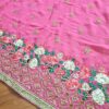 Sari indiano de seda luxuoso bordado rosa médio com verde floral