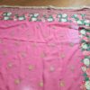 Sari indiano de seda luxuoso bordado rosa médio com verde floral