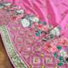 Sari indiano de seda luxuoso bordado rosa médio com verde floral
