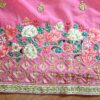 Sari indiano de seda luxuoso bordado rosa médio com verde floral