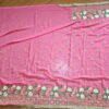 Sari indiano de seda luxuoso bordado rosa médio com verde floral