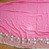 Sari indiano de seda luxuoso bordado rosa médio com verde floral