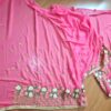 Sari indiano de seda luxuoso bordado rosa médio com verde floral