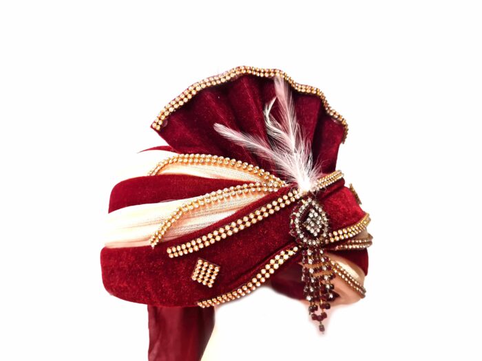 20250308_141246 Turbante indiano masculino pronto para uso vermelho e dourado com pedra