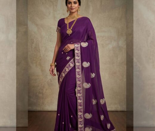 saree roxo paisley para festas com bordados dourados Sari indiano de crepe de seda roxo e dourado bordado paisley
