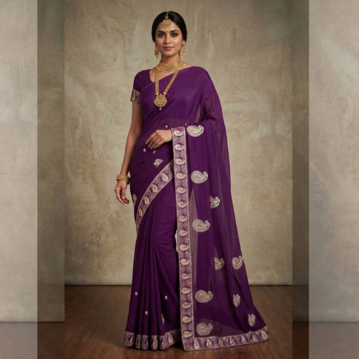 Sari indiano de crepe de seda roxo e dourado bordado paisley