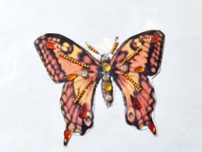 Tatuagem indiana de borboleta com aplique de pedras coral e amarelo