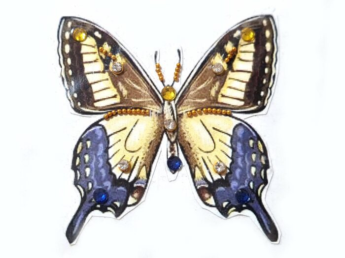 tatuagem indiana de borboleta com pedras aplicadas na imagem amarelo e azul