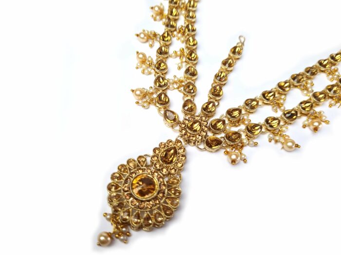 Matha Patti Nupcial correntes jóias de cabeça com tika dourado e pedrarias