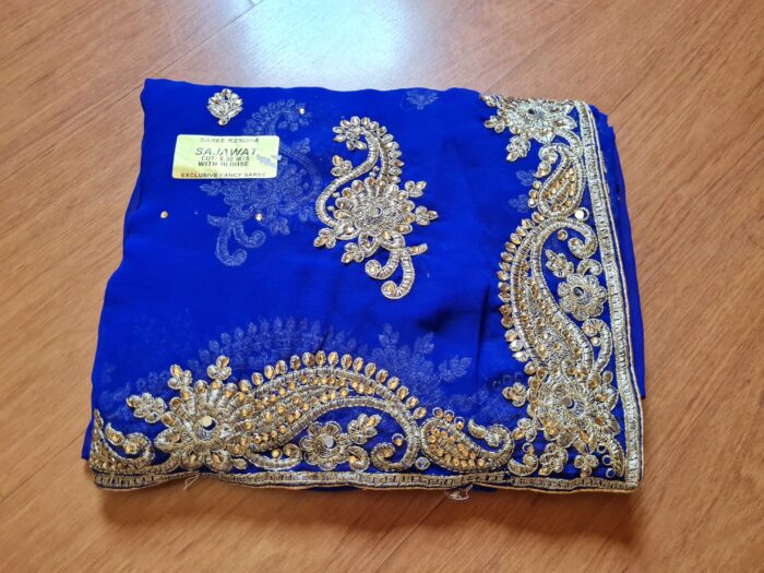 Sari indiano de seda luxuoso azul e dourado bordado