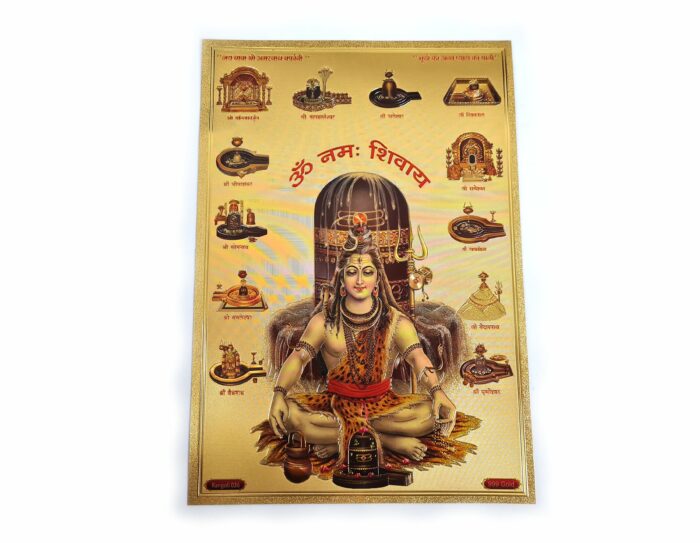 20250313_124836 Folha laminada dourada para enquadrar e pendurar Shiva e 12 Jyotirlingas 30 x 21 cm