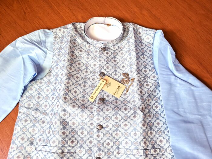 Conjunto 3 peças Kurta com Nehru Jacket e Churidar para casamentos indianos azul claro
