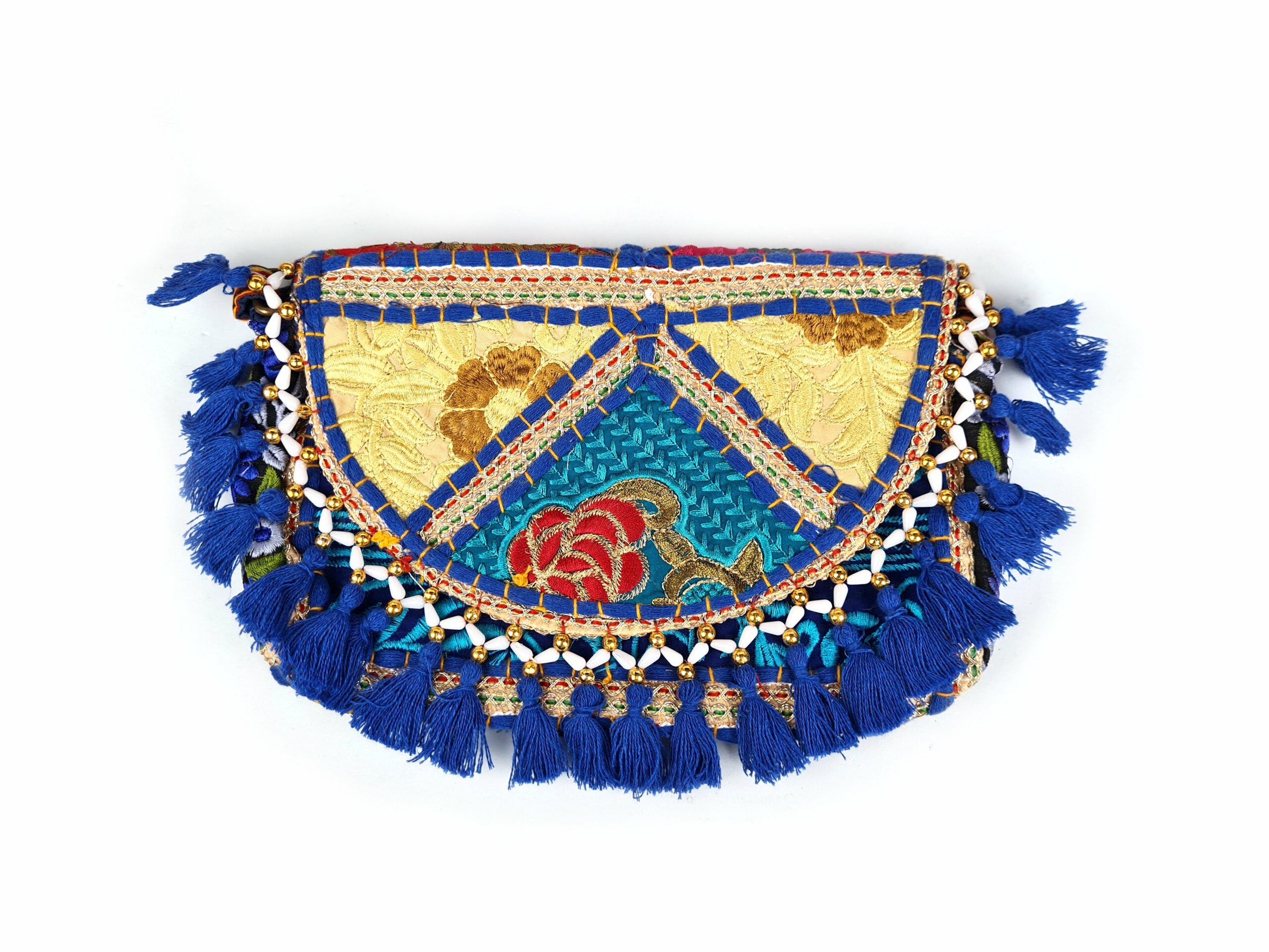 Bolsa indiana Banjara 100% bordada a mão azul e coloridos
