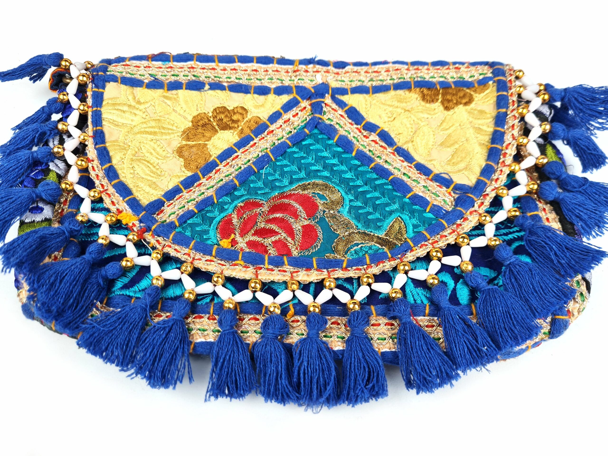 Bolsa indiana Banjara 100% bordada a mão azul e coloridos