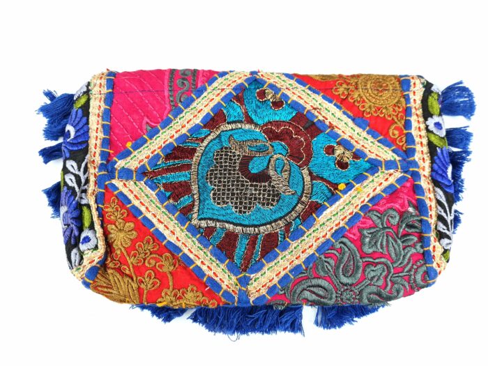 Bolsa indiana Banjara 100% bordada a mão azul e coloridos
