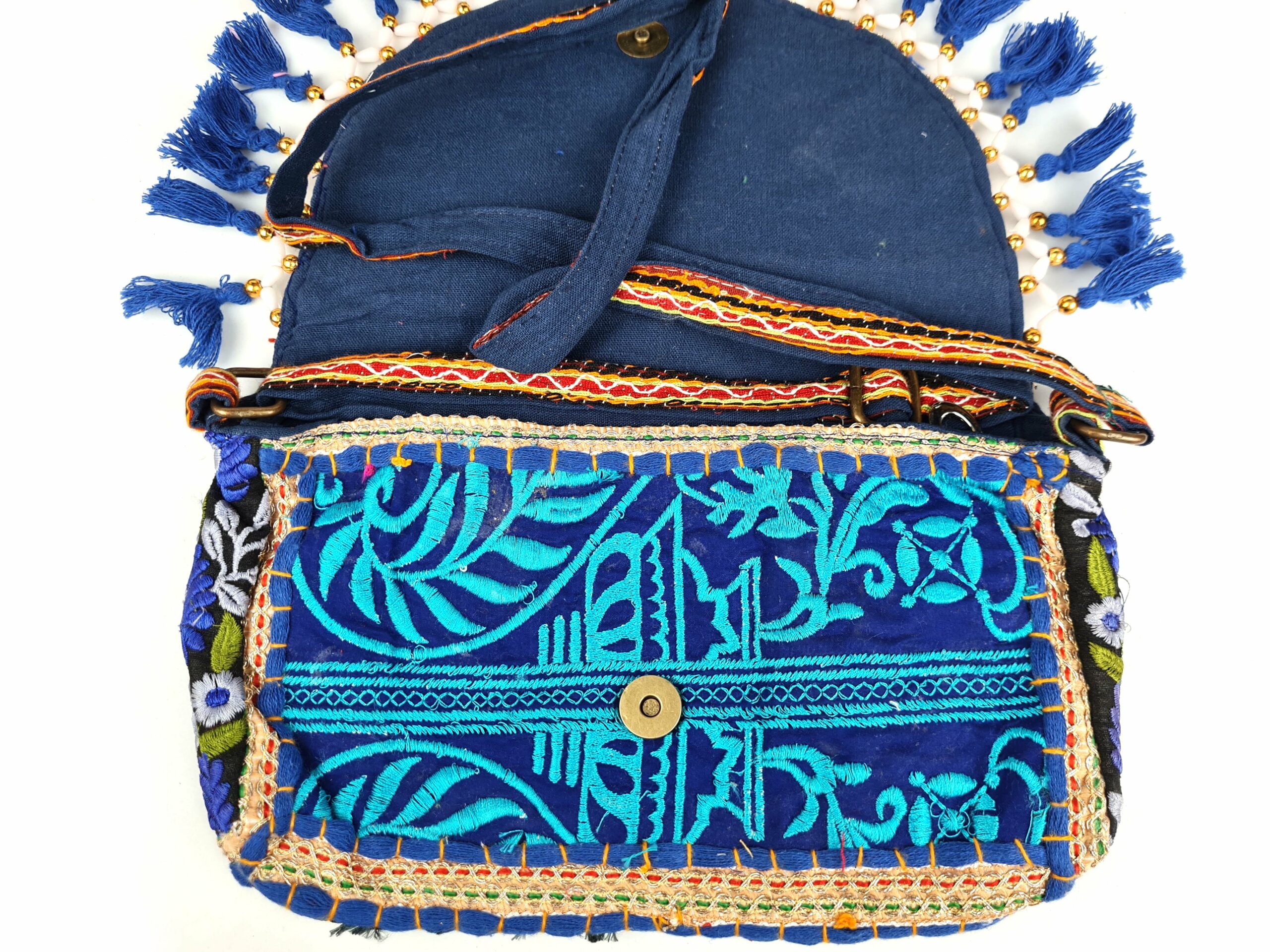 Bolsa indiana Banjara 100% bordada a mão azul e coloridos