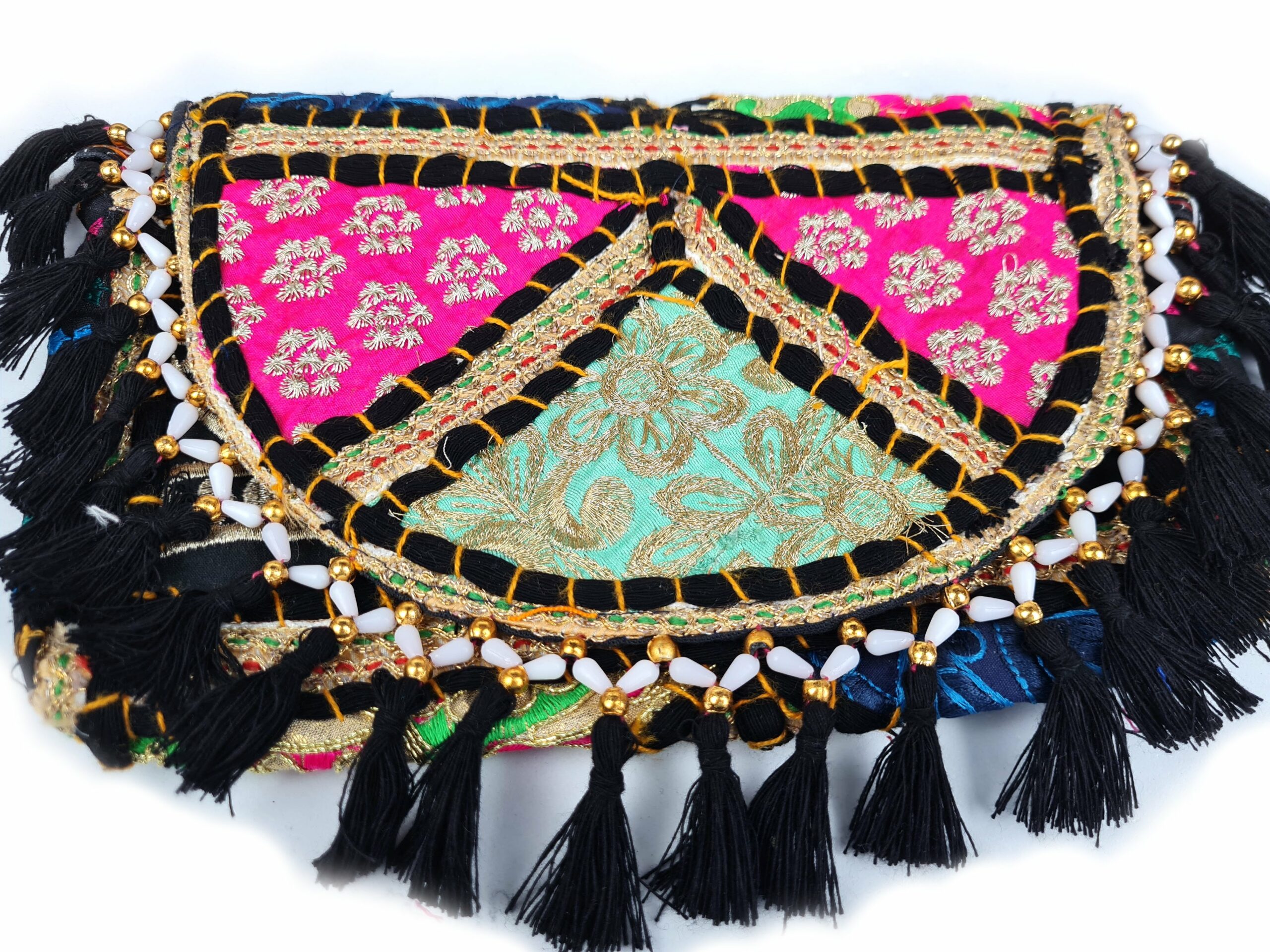 Bolsa indiana Banjara 100% bordada a mão preto e coloridos