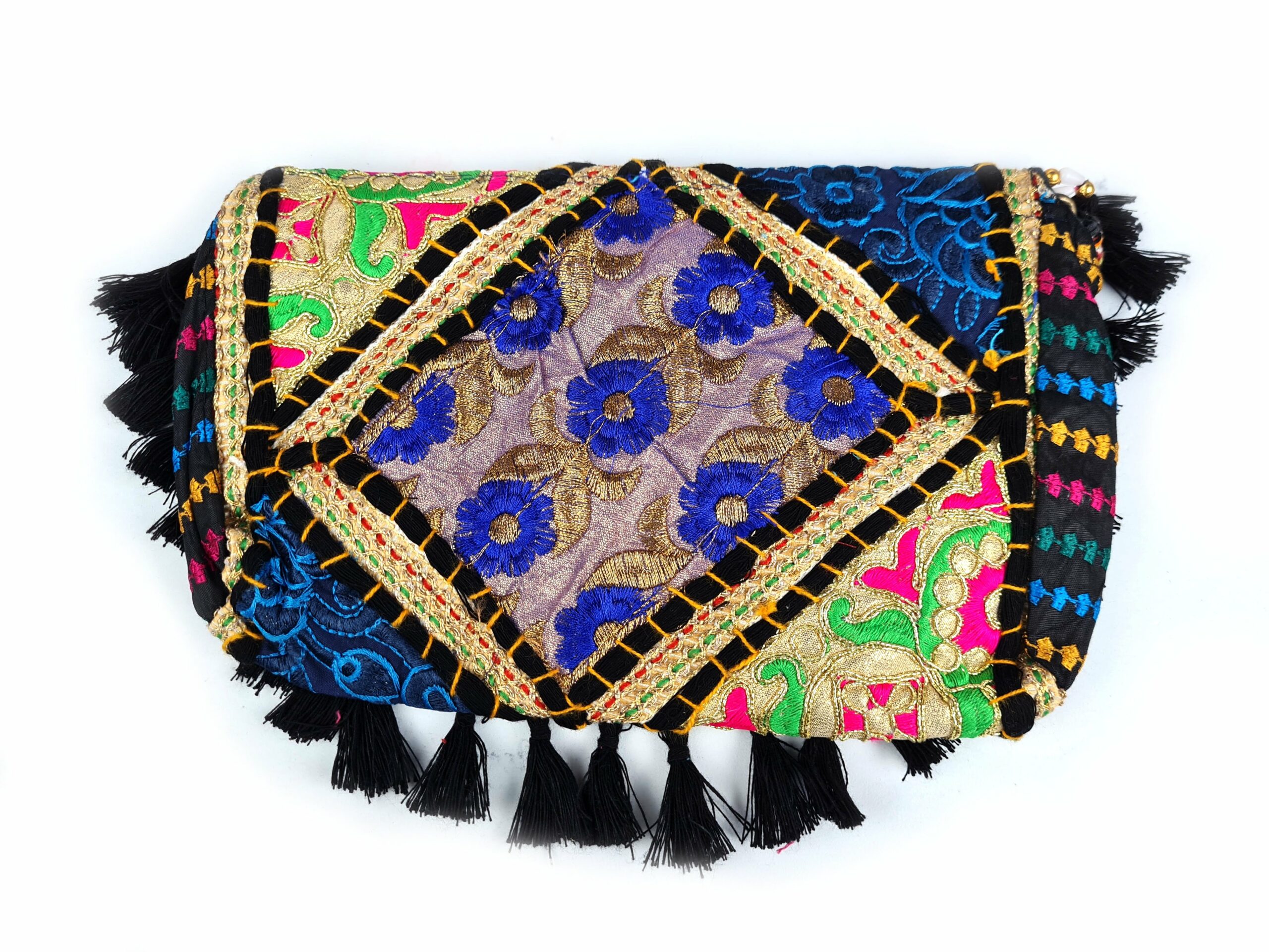 Bolsa indiana Banjara 100% bordada a mão preto e coloridos