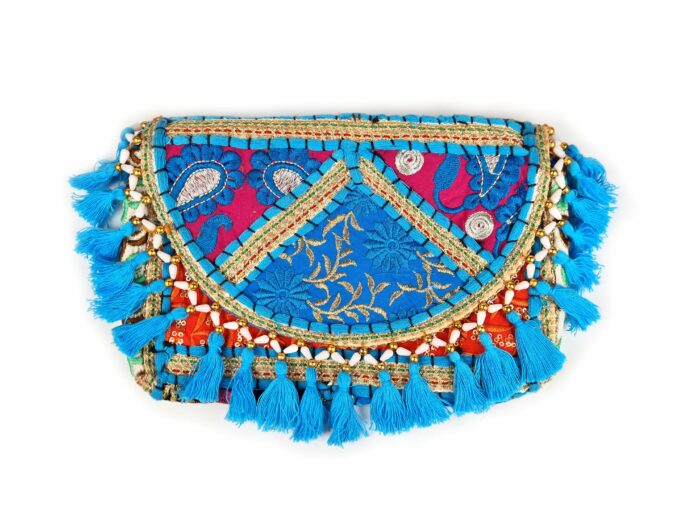 Bolsa indiana Banjara 100% bordada a mão azul claro e coloridos