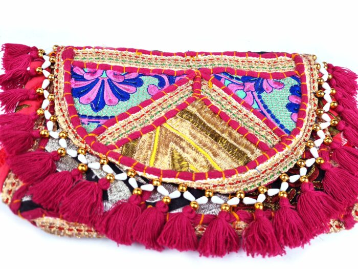 Bolsa indiana Banjara 100% bordada a mão rosa e coloridos