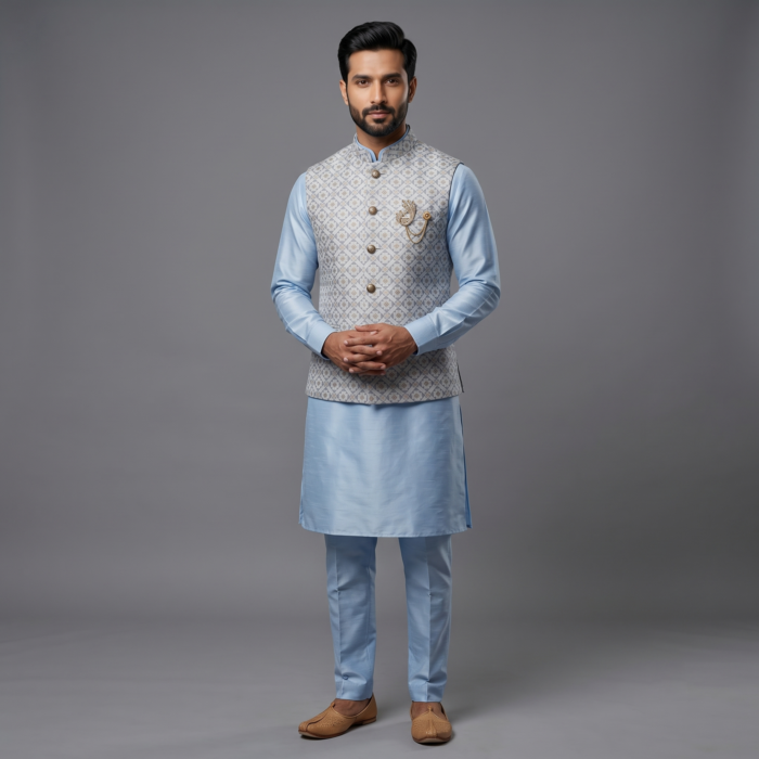 Jacket Kurta Set em Seda azul claro Banarasi com Broche