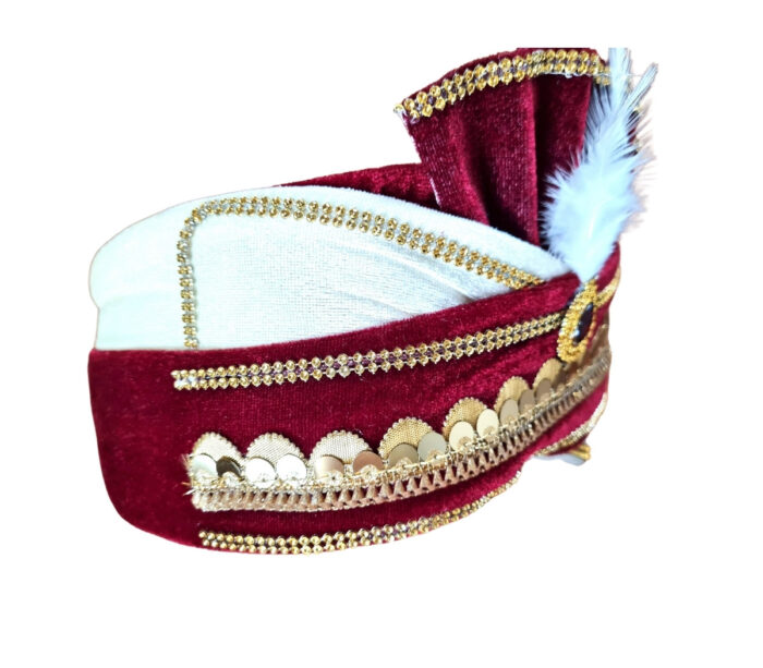 1 Turbante indiano masculino pronto para uso bordô e dourado com pedra