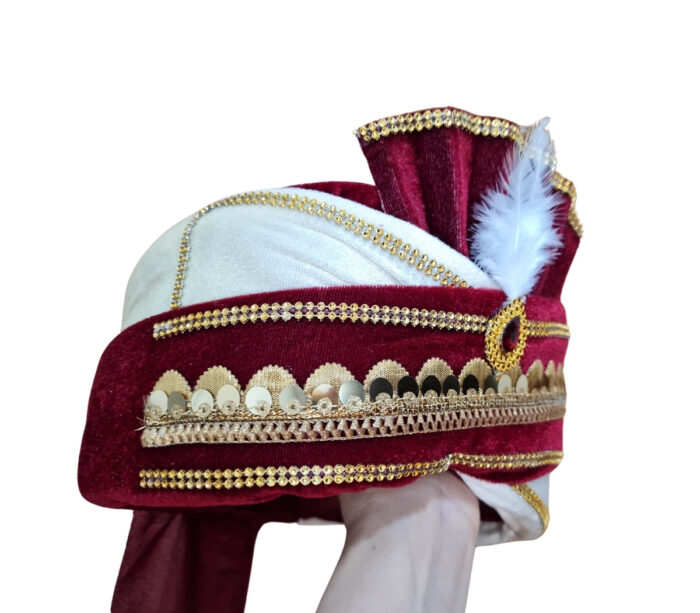 2 Turbante indiano masculino pronto para uso bordô e dourado com pedra