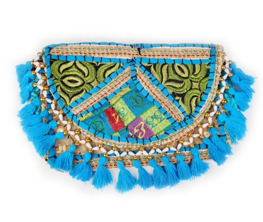 Bolsa indiana Banjara 100% bordada a mão azul claro e coloridos III
