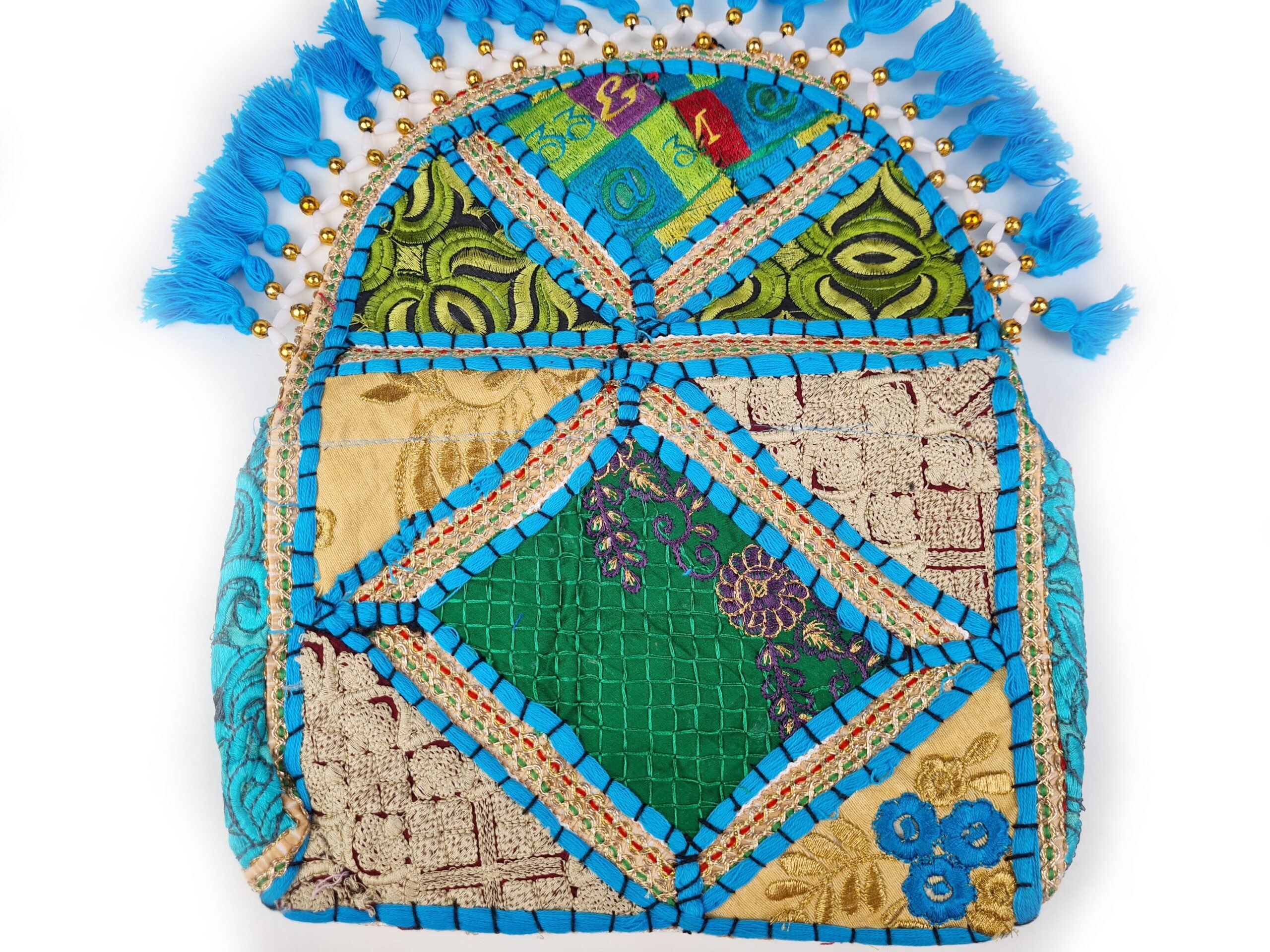 Bolsa indiana Banjara 100% bordada a mão azul claro e coloridos III