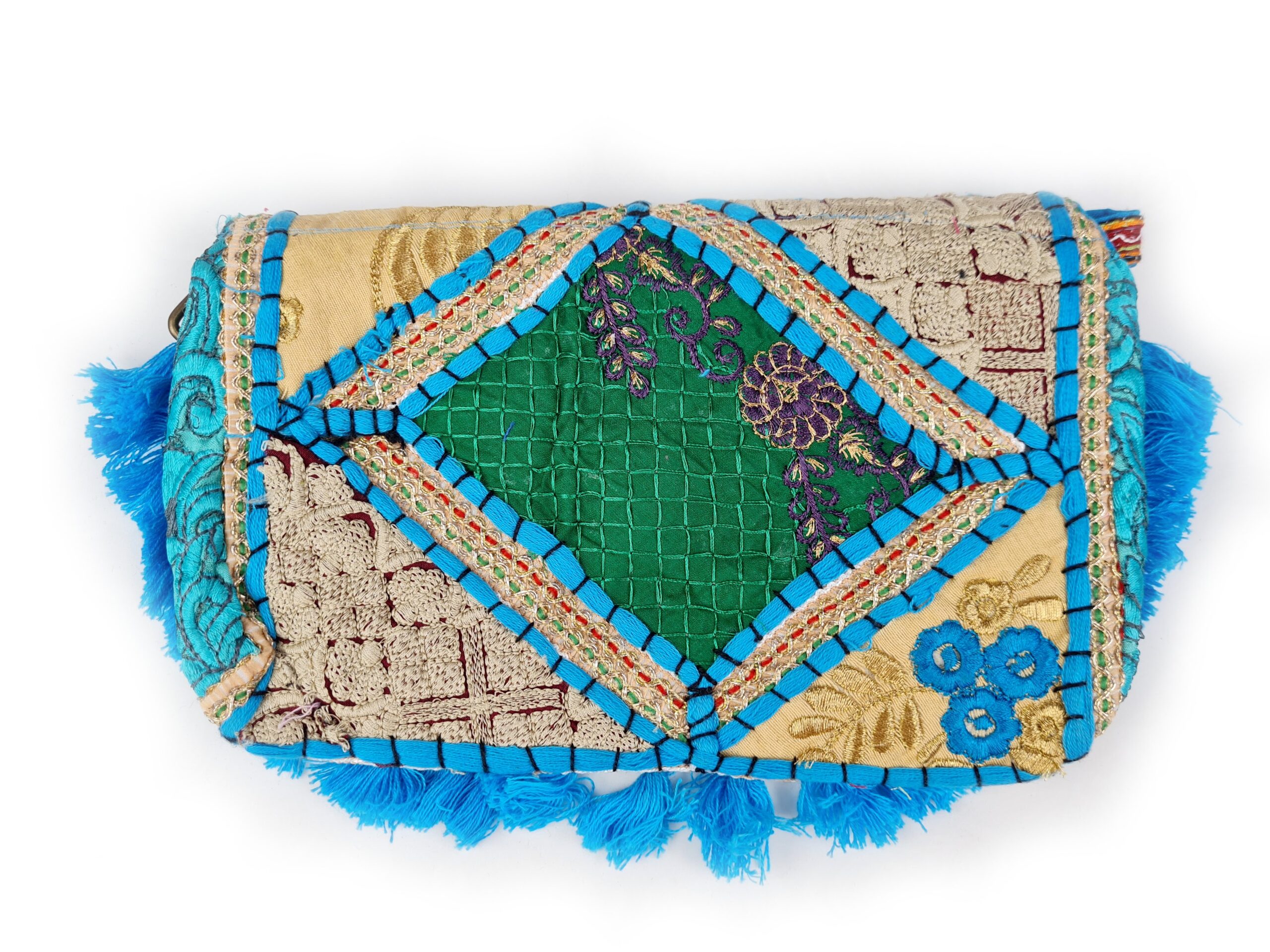 Bolsa indiana Banjara 100% bordada a mão azul claro e coloridos III