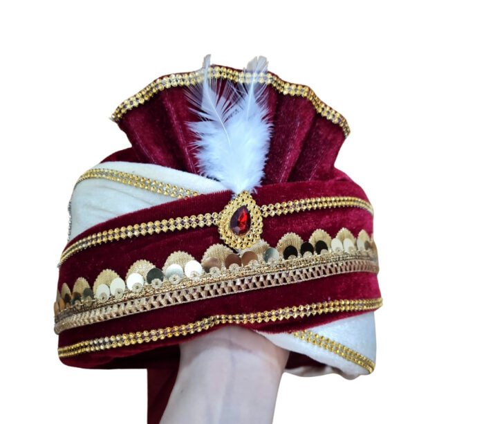 3 Turbante indiano masculino pronto para uso bordô e dourado com pedra