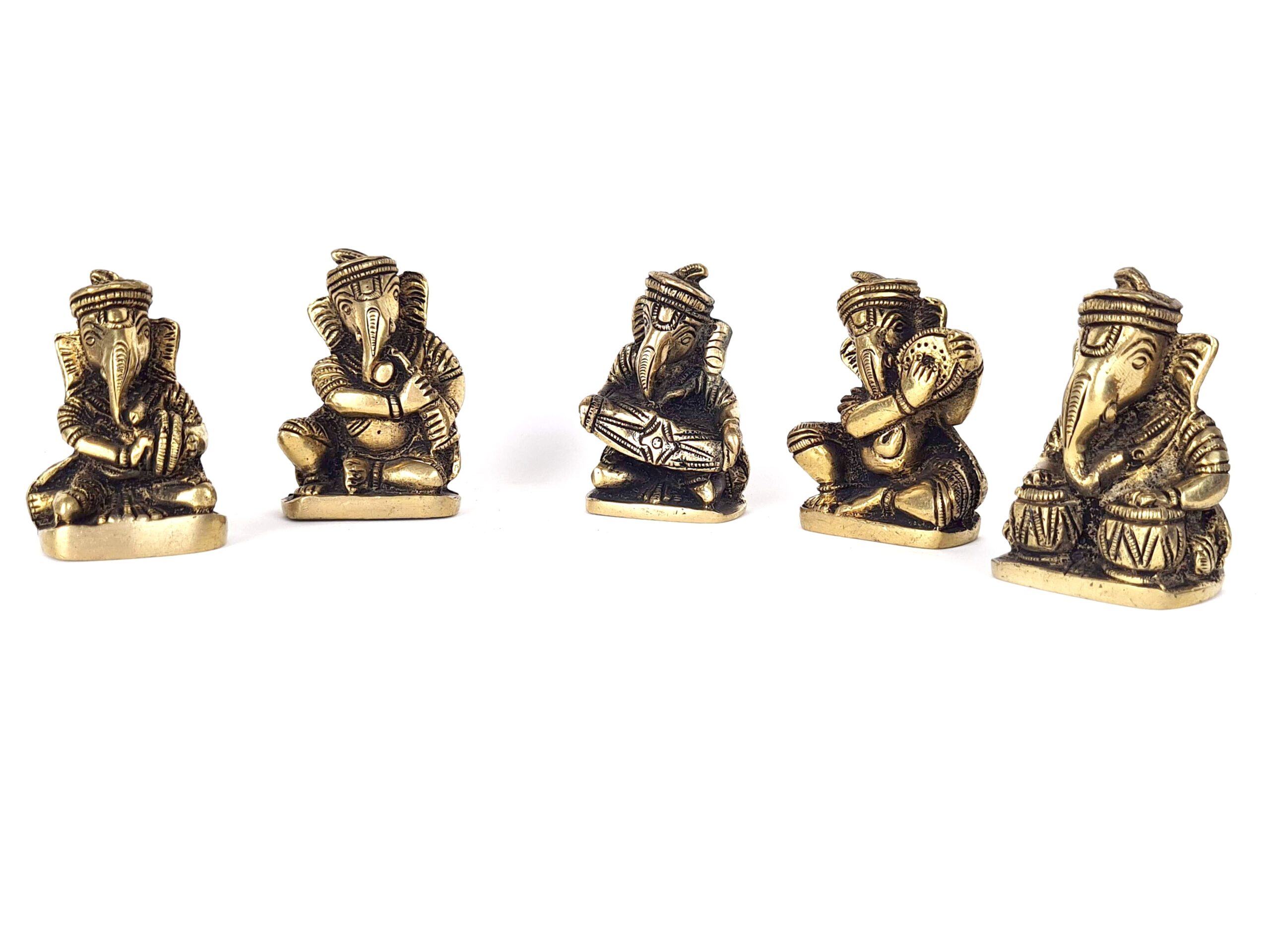 Conjunto com 5 Miniaturas de Ganesha Músico em Latão – 5,5 cm