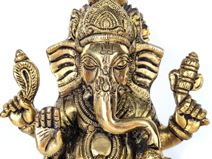 Estátua de Ganesha em Brass com Quatro braços e atributos 14cm