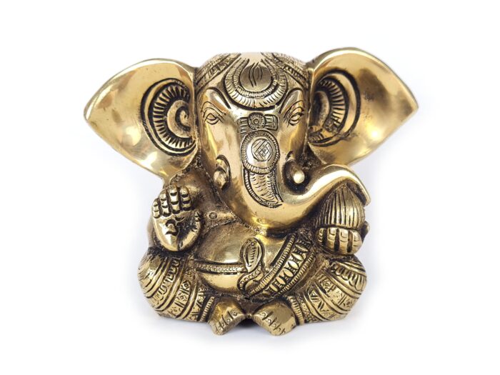 Estátua do Deus Ganesha em metal brass com doce laddu nas mãos