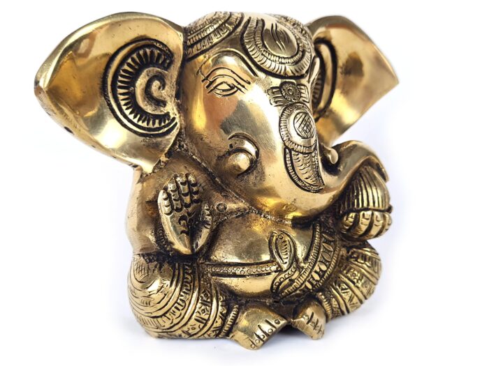 Estátua do Deus Ganesha em metal brass com doce laddu nas mãos