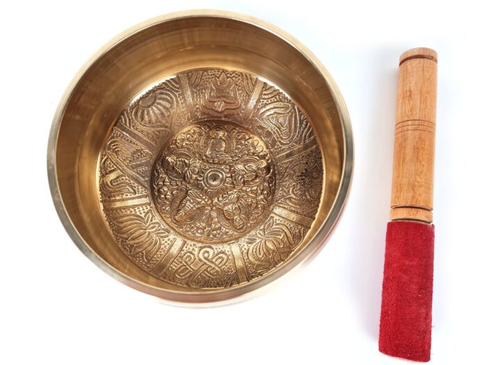 20250718_150912 Tigela tibetana com 7 ligas dourada Buda e 8 símbolos auspiciosos 14cm