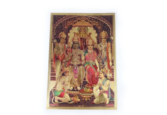 20250718_151355 Folha laminada decorativa dourada estampa de Sita e Rama com Hanuman 30x21cm