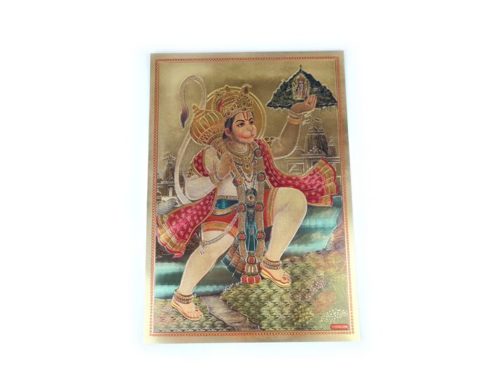 20250718_151447 Folha laminada dourada para enquadrar Hanuman com o Monte Dronagiri
