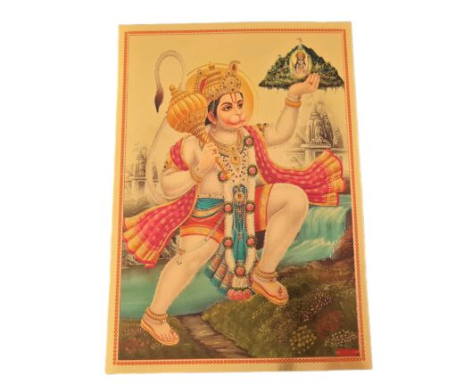 Folha laminada dourada para enquadrar Hanuman com o Monte Dronagiri