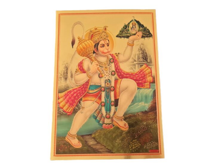 Folha laminada dourada para enquadrar Hanuman com o Monte Dronagiri