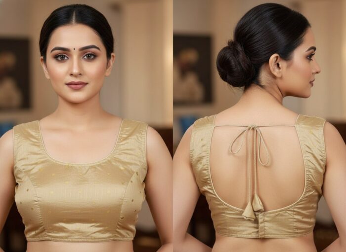 Choli para usar com Sarees dourado com laço nas costas