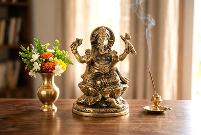 estatua de ganesha de metal 20cm robusta fabricada na India Estátua de Ganesha em Brass com Quatro braços 20cm