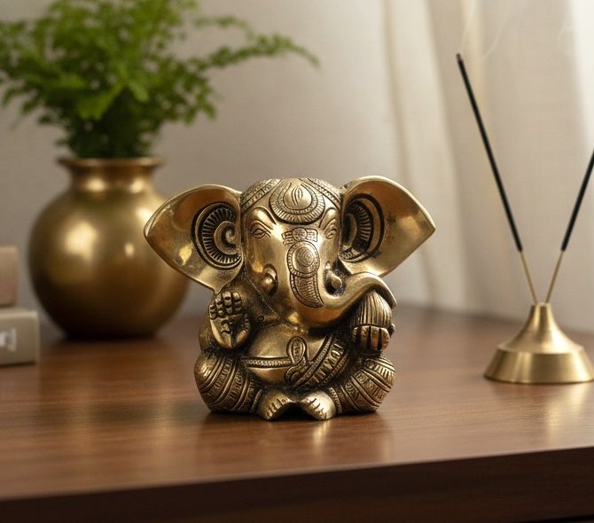 Estátua do Deus Ganesha em metal brass com doce laddu nas mãos
