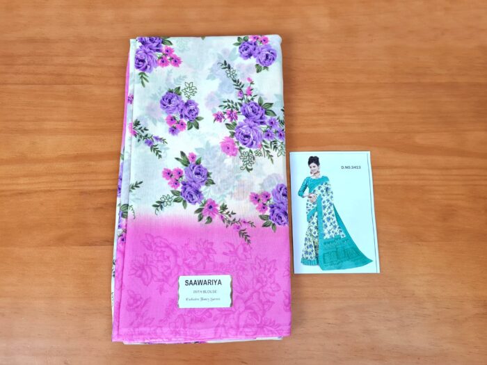 Sari indiano viscose com estampa floral bege com rosa e lilás