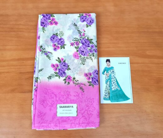20250718_153216 Sari indiano viscose com estampa floral bege com rosa e lilás