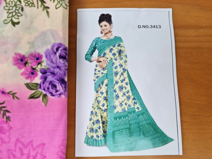 Sari indiano viscose com estampa floral bege com rosa e lilás