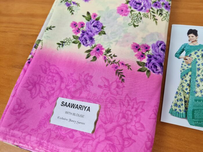 Sari indiano viscose com estampa floral bege com rosa e lilás