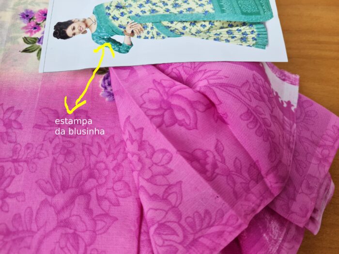 Sari indiano viscose com estampa floral bege com rosa e lilás