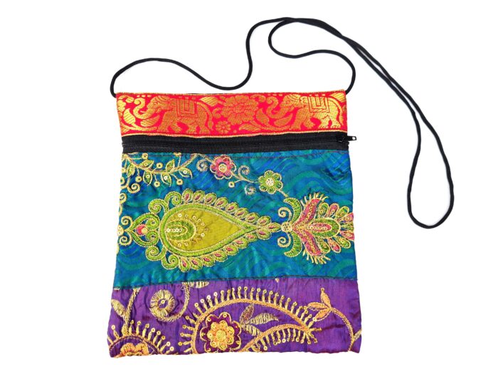 Bolsinha indiana multiuso de patchwork de saree azul e coloridos
