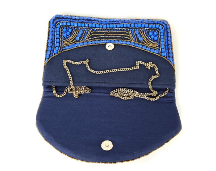 Bolsa indiana clutch boho chic bordada pedrarias azul royal